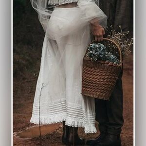 Victorian White Cotton Skirt with Lace Hem
